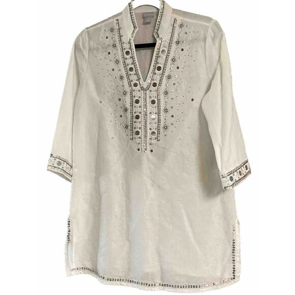 CHICO'S SZ 0 WHITE & Silver EMBELLISHED TUNIC TOP SEQUIN BEADED Linen Blend - Picture 1 of 6